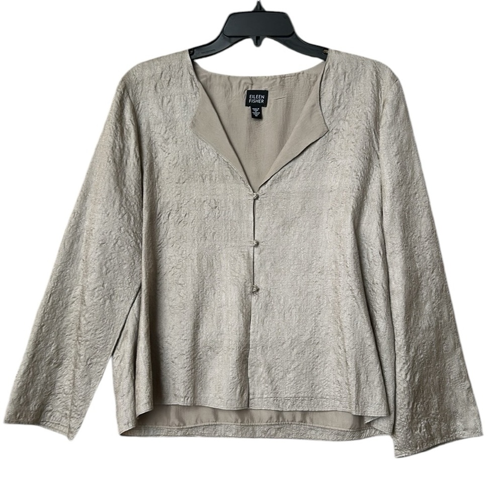 EILEEN FISHER | Silk Beechwood Shimmering Jacket Cardigan Lightweight Pewter M - Picture 1 of 12